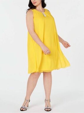 MSK Women Goddess Yellow Rhinestone Fringe Chiffon Shift Dress 16W